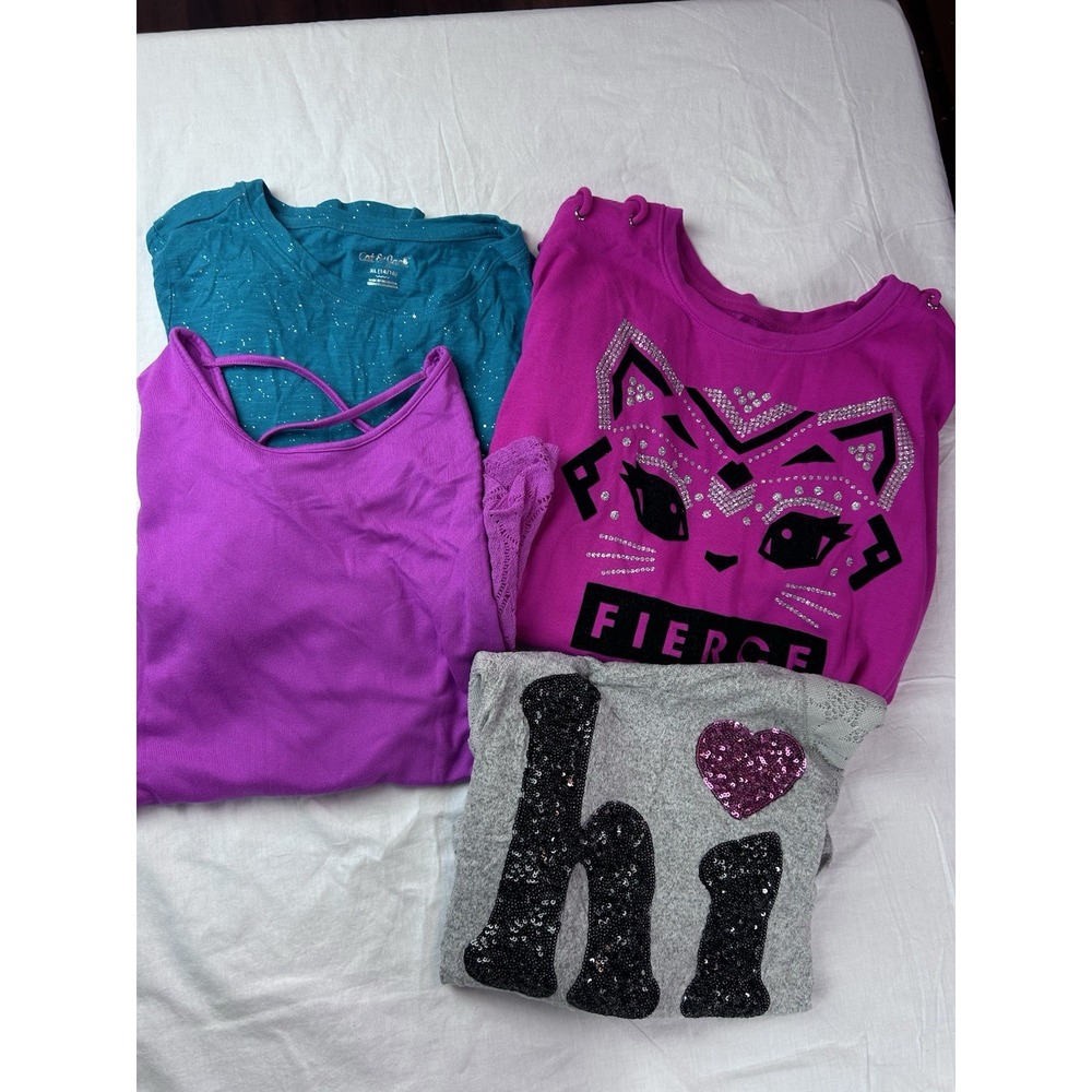 Girls Shirt Lot Of 4. Sz 14/16 Long Sleeve And 3/4 Sleeve Blue Purple Gray